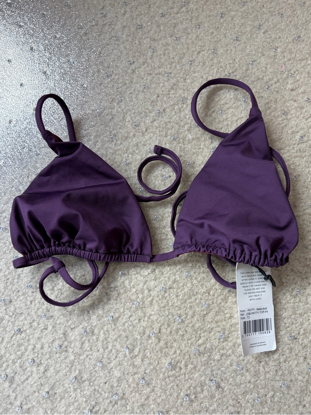 Albertine Swim Patty Bikini Top Metal Plum Purple Luxury Swimwear NWT Size T2 S